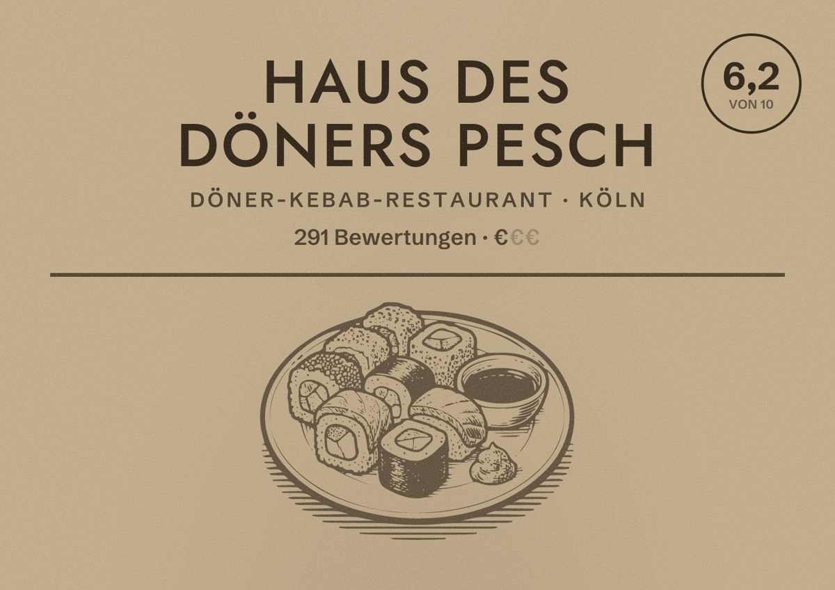 Illustriertes Poster von Haus des Döners Pesch, Döner-Kebab-Restaurant in Köln: Bewertung 6,2 von 10 aus 291 Bewertungen, Preisniveau €