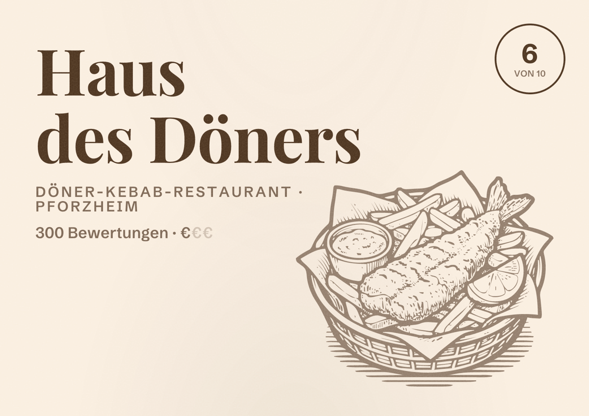Illustriertes Poster von Haus des Döners, Döner-Kebab-Restaurant in Pforzheim: Bewertung 6 von 10 aus 300 Bewertungen, Preisniveau €