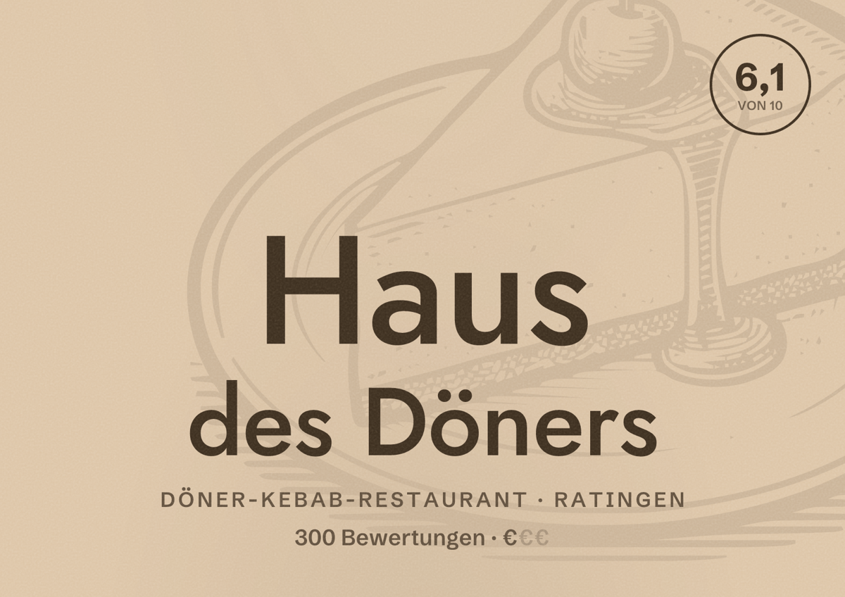 Illustriertes Poster von Haus des Döners, Döner-Kebab-Restaurant in Ratingen: Bewertung 6,1 von 10 aus 300 Bewertungen, Preisniveau €
