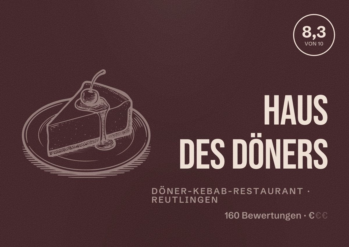 Illustriertes Poster von Haus des Döners, Döner-Kebab-Restaurant in Reutlingen: Bewertung 8,3 von 10 aus 160 Bewertungen, Preisniveau €