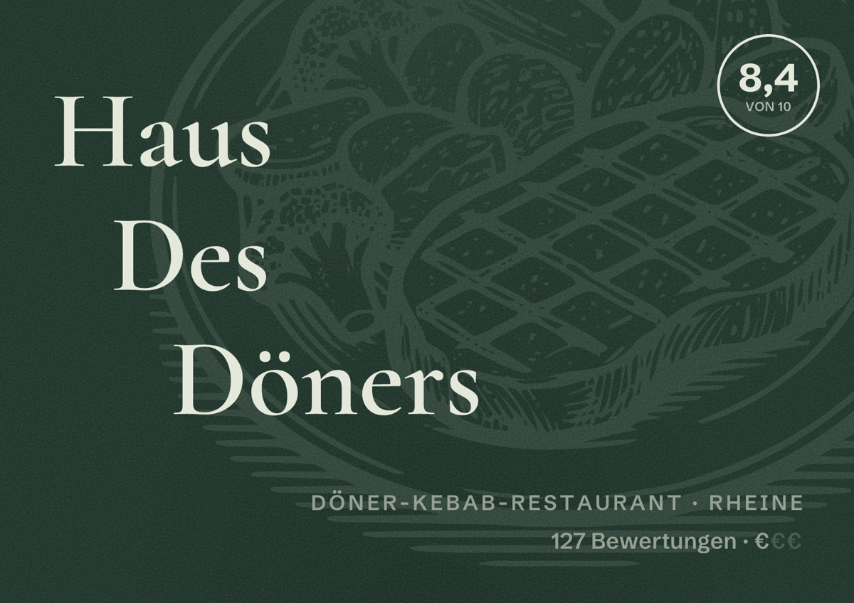 Illustriertes Poster von Haus Des Döners, Döner-Kebab-Restaurant in Rheine: Bewertung 8,4 von 10 aus 127 Bewertungen, Preisniveau €