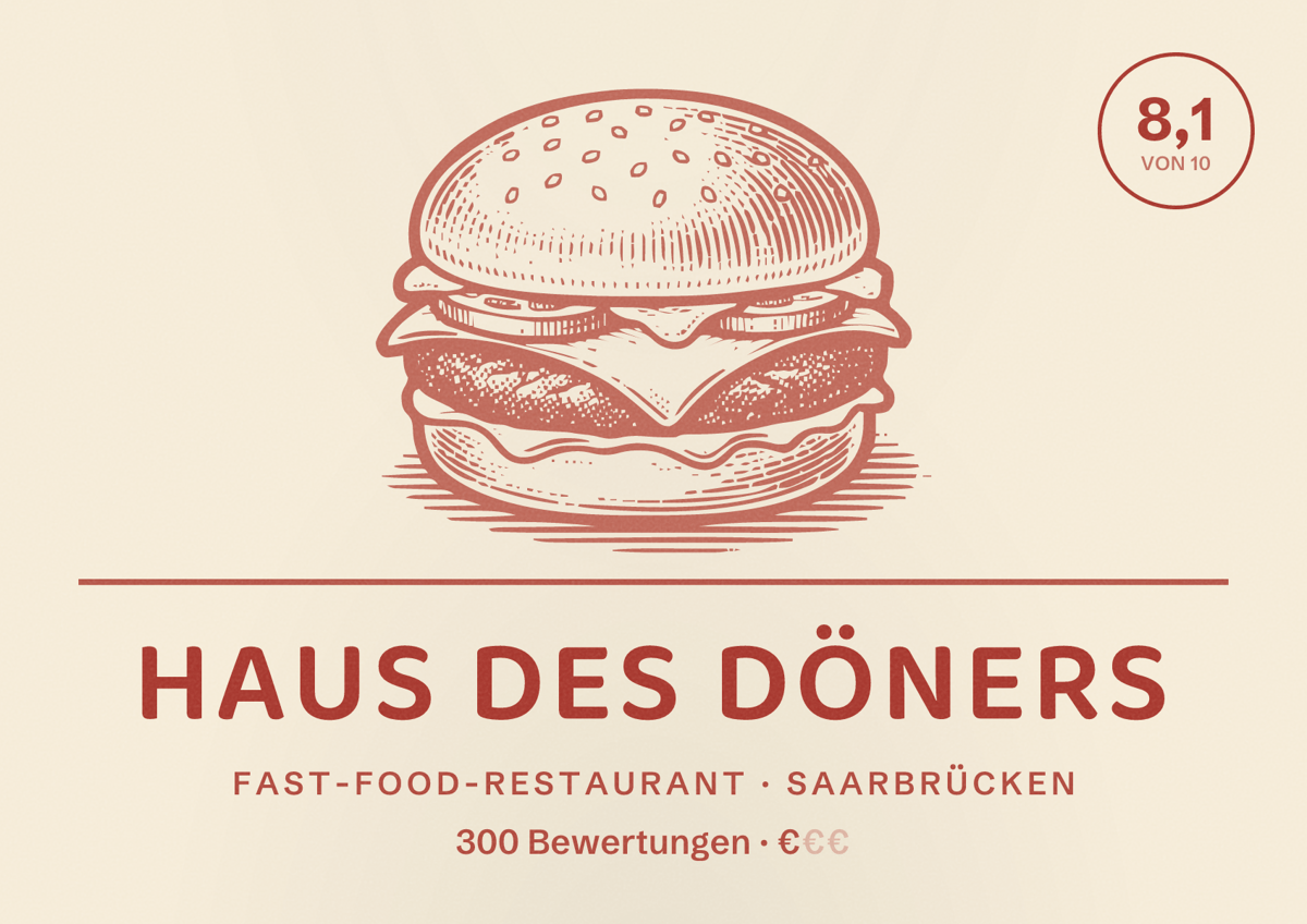 Illustriertes Poster von Haus des Döners, Fast-Food-Restaurant in Saarbrücken: Bewertung 8,1 von 10 aus 300 Bewertungen, Preisniveau €