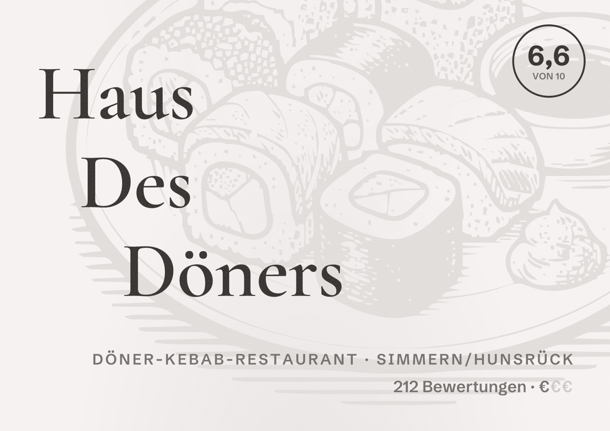 Illustriertes Poster von Haus Des Döners, Döner-Kebab-Restaurant in Simmern/Hunsrück: Bewertung 6,6 von 10 aus 212 Bewertungen, Preisniveau €
