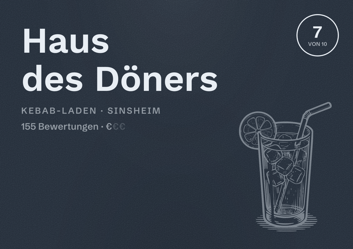 Illustriertes Poster von Haus des Döners, Kebab-Laden in Sinsheim: Bewertung 7 von 10 aus 155 Bewertungen, Preisniveau €