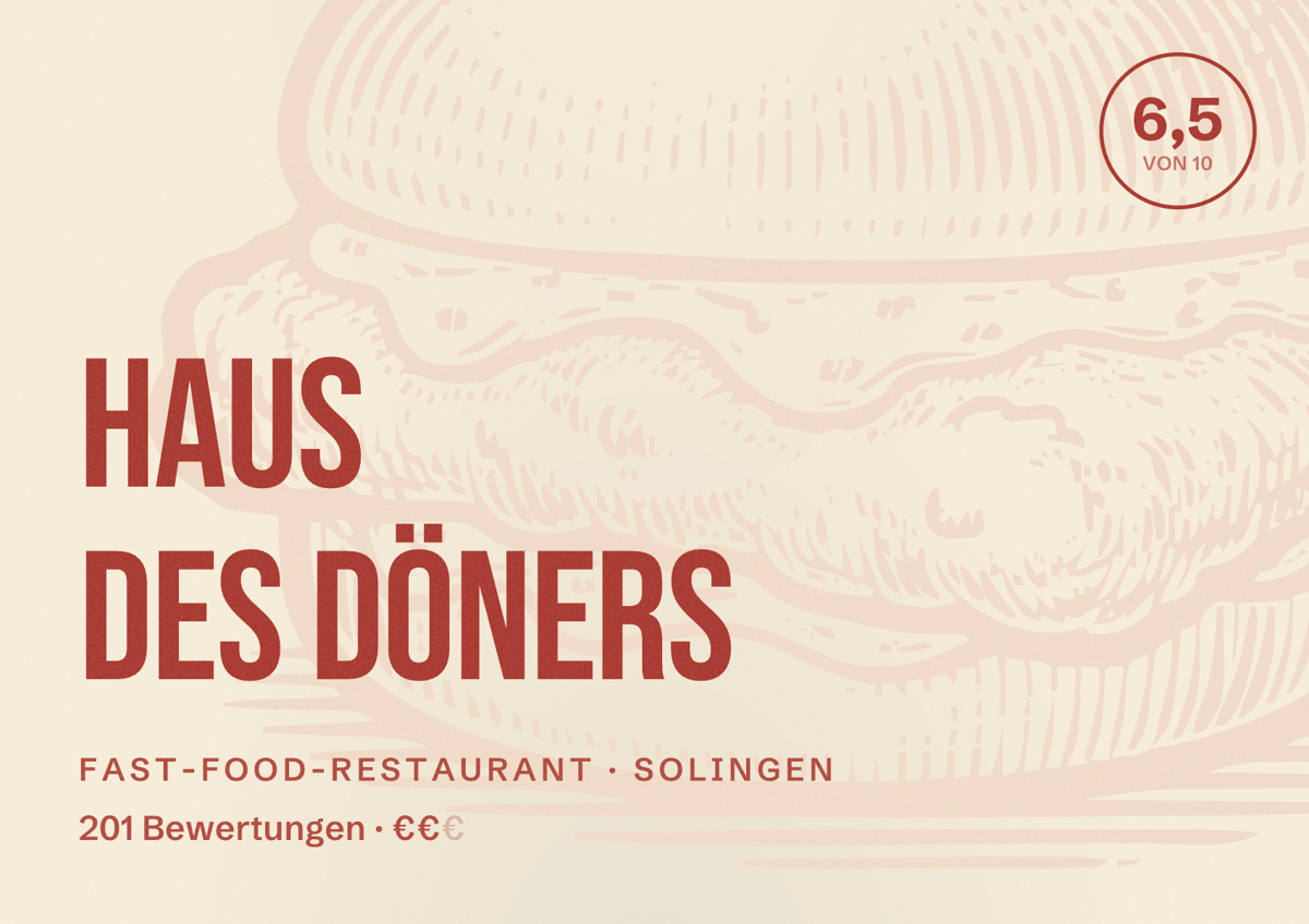 Illustriertes Poster von Haus des Döners, Fast-Food-Restaurant in Solingen: Bewertung 6,5 von 10 aus 201 Bewertungen, Preisniveau €€