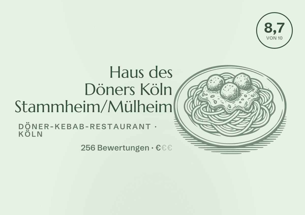 Illustriertes Poster von Haus des Döners Köln Stammheim/Mülheim, Döner-Kebab-Restaurant in Köln: Bewertung 8,7 von 10 aus 256 Bewertungen, Preisniveau €
