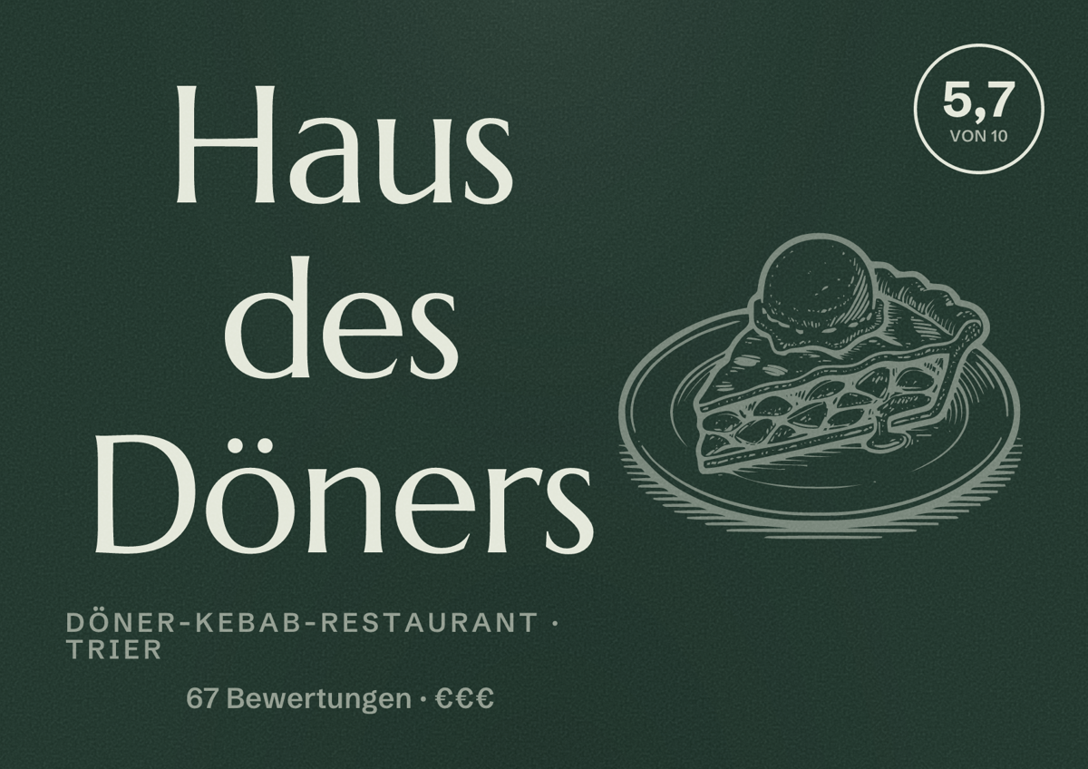 Illustriertes Poster von Haus des Döners, Döner-Kebab-Restaurant in Trier: Bewertung 5,7 von 10 aus 67 Bewertungen, Preisniveau €€€