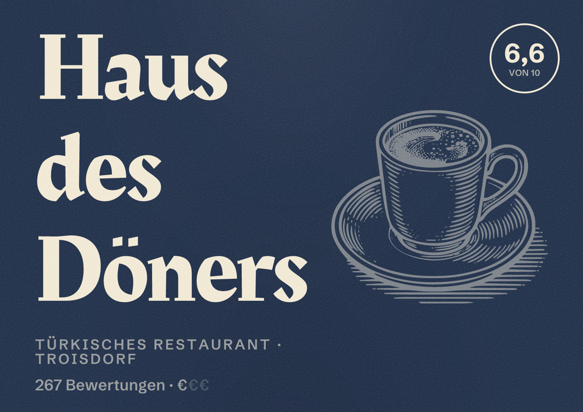 Illustriertes Poster von Haus des Döners, Türkisches Restaurant in Troisdorf: Bewertung 6,6 von 10 aus 267 Bewertungen, Preisniveau €