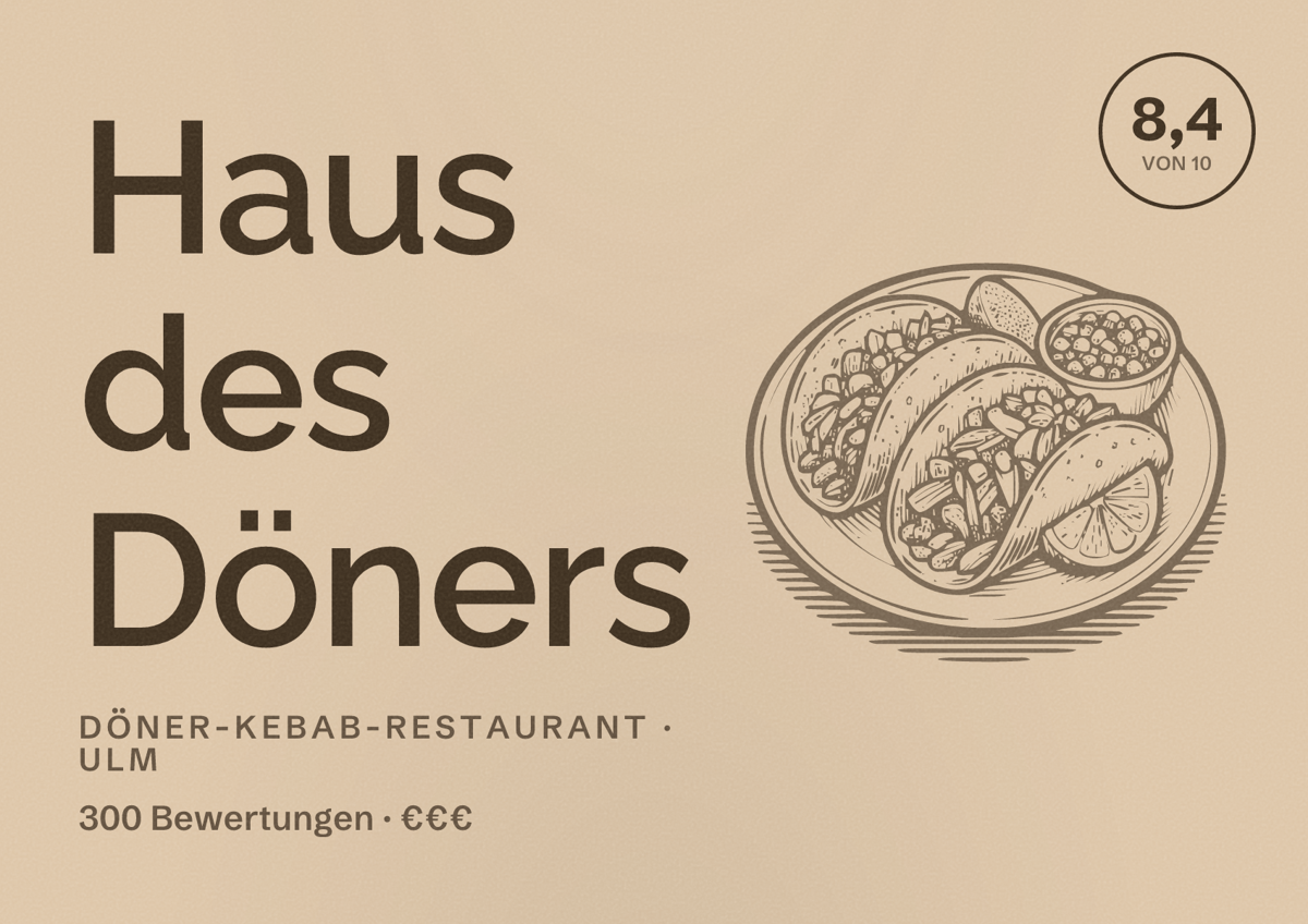 Illustriertes Poster von Haus des Döners, Döner-Kebab-Restaurant in Ulm: Bewertung 8,4 von 10 aus 300 Bewertungen, Preisniveau €€€