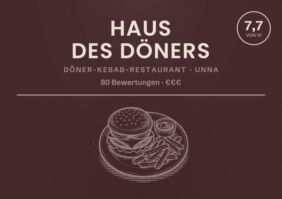Illustriertes Poster von Haus des Döners, Döner-Kebab-Restaurant in Unna: Bewertung 7,7 von 10 aus 80 Bewertungen, Preisniveau €€€