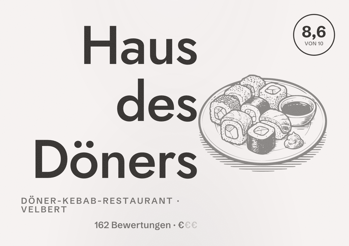 Illustriertes Poster von Haus des Döners, Döner-Kebab-Restaurant in Velbert: Bewertung 8,6 von 10 aus 162 Bewertungen, Preisniveau €