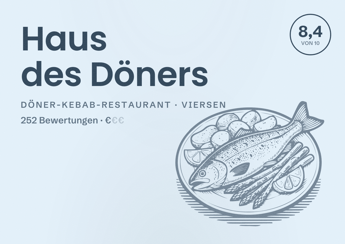 Illustriertes Poster von Haus des Döners, Döner-Kebab-Restaurant in Viersen: Bewertung 8,4 von 10 aus 252 Bewertungen, Preisniveau €