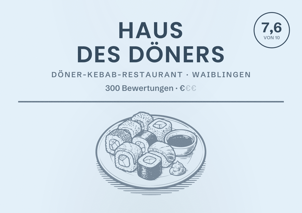 Illustriertes Poster von Haus des Döners, Döner-Kebab-Restaurant in Waiblingen: Bewertung 7,6 von 10 aus 300 Bewertungen, Preisniveau €