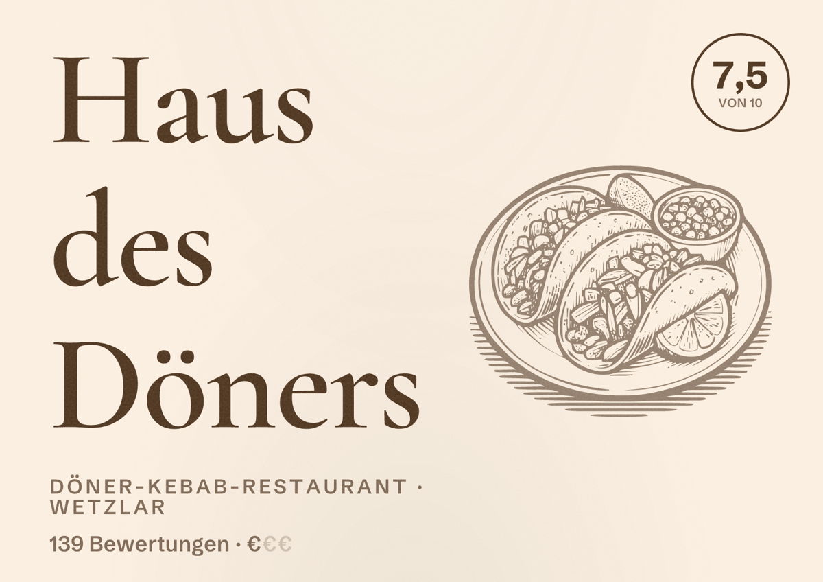Illustriertes Poster von Haus des Döners, Döner-Kebab-Restaurant in Wetzlar: Bewertung 7,5 von 10 aus 139 Bewertungen, Preisniveau €