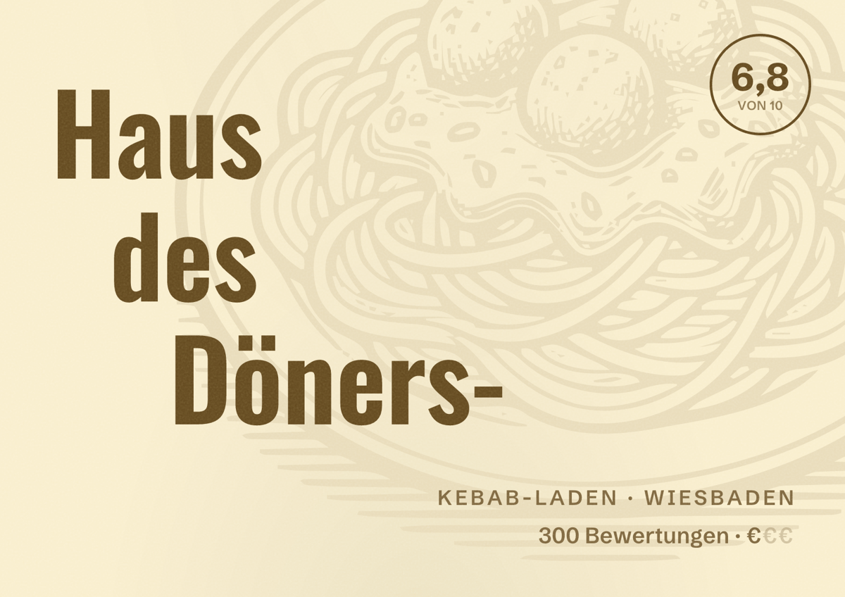 Illustriertes Poster von Haus des Döners-, Kebab-Laden in Wiesbaden: Bewertung 6,8 von 10 aus 300 Bewertungen, Preisniveau €