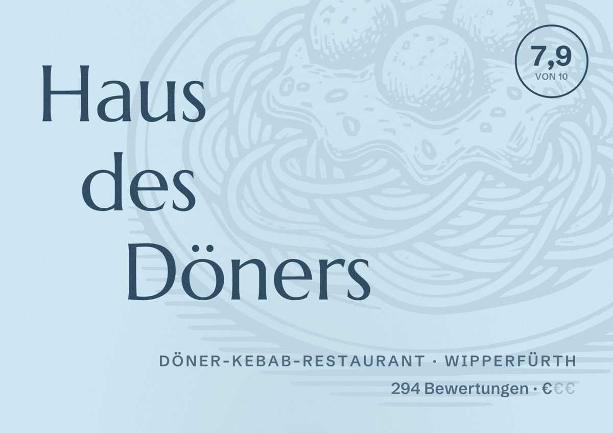 Illustriertes Poster von Haus des Döners, Döner-Kebab-Restaurant in Wipperfürth: Bewertung 7,9 von 10 aus 294 Bewertungen, Preisniveau €