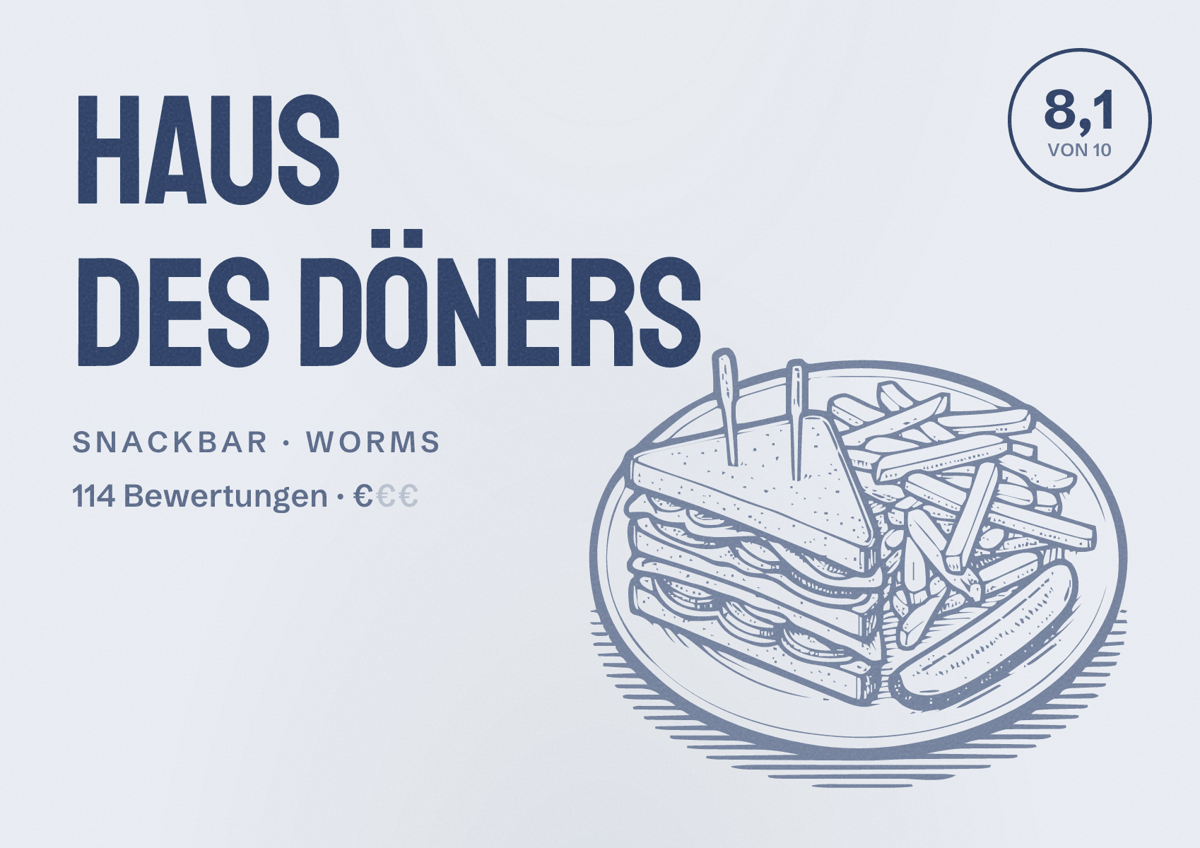 Illustriertes Poster von Haus des Döners, Snackbar in Worms: Bewertung 8,1 von 10 aus 114 Bewertungen, Preisniveau €