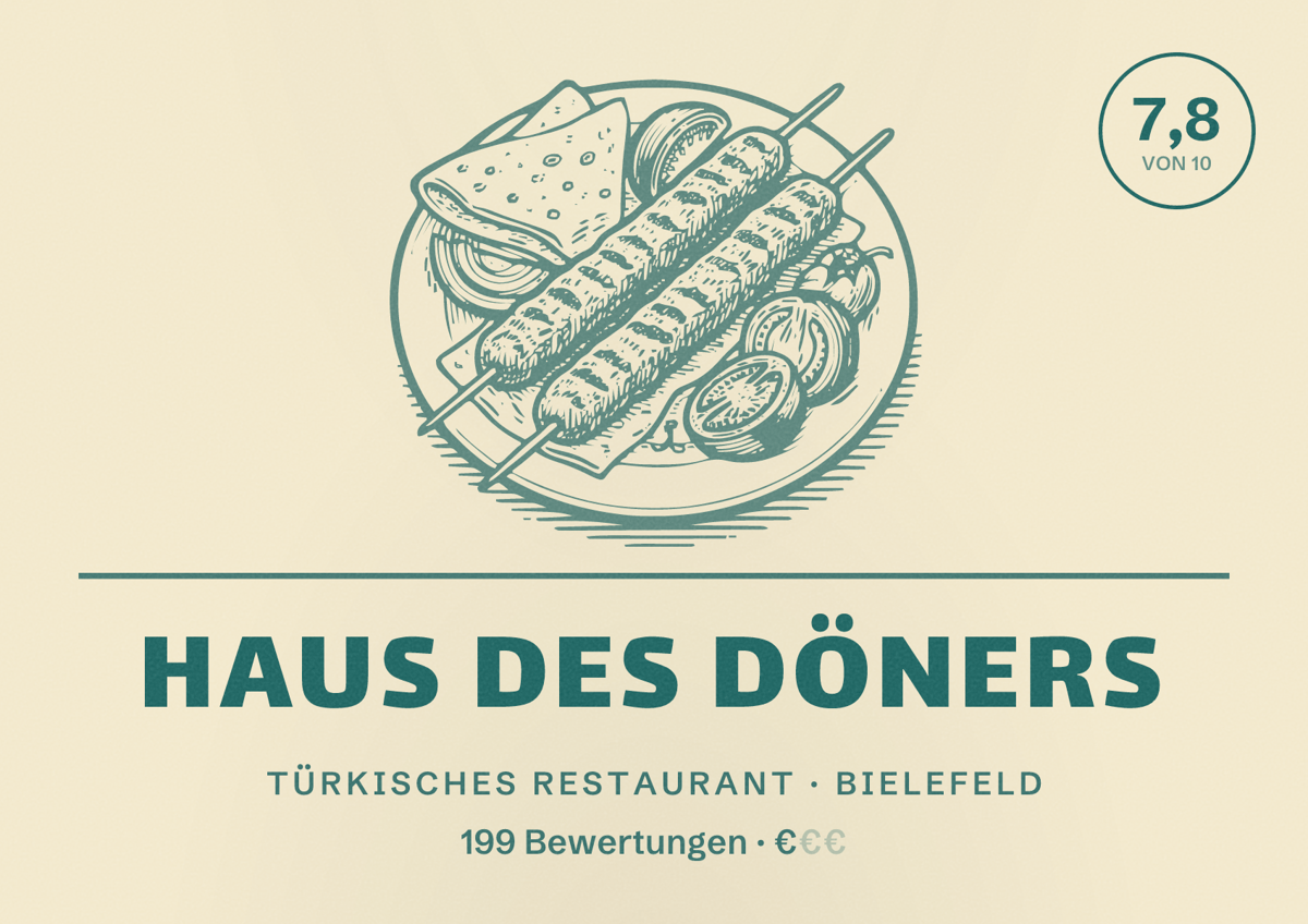 Illustriertes Poster von Haus des Döners, Türkisches Restaurant in Bielefeld: Bewertung 7,8 von 10 aus 199 Bewertungen, Preisniveau €