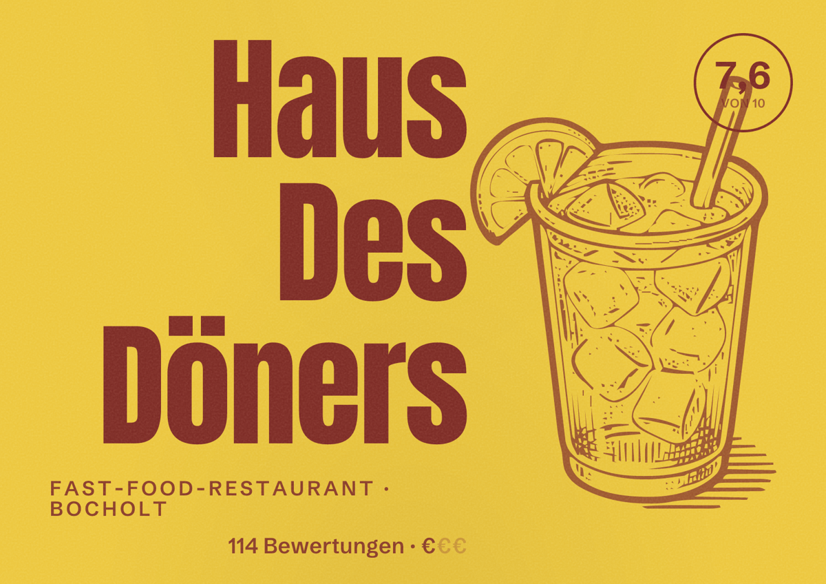 Illustriertes Poster von Haus Des Döners, Fast-Food-Restaurant in Bocholt: Bewertung 7,6 von 10 aus 114 Bewertungen, Preisniveau €