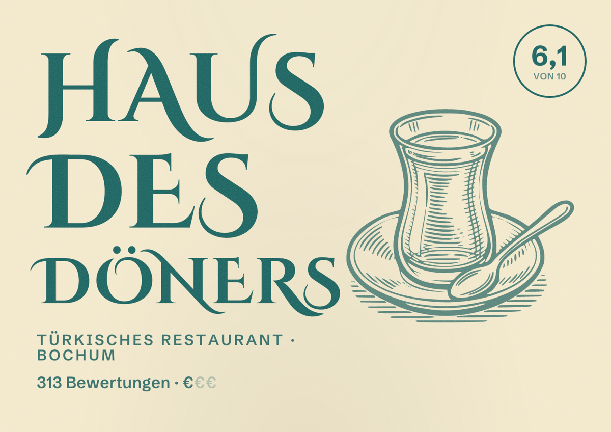 Illustriertes Poster von Haus des Döners, Türkisches Restaurant in Bochum: Bewertung 6,1 von 10 aus 313 Bewertungen, Preisniveau €