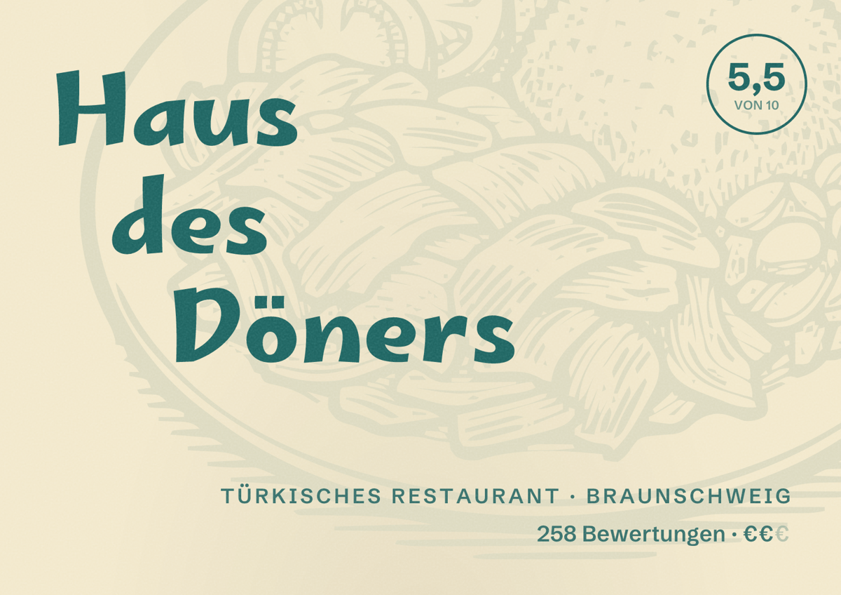 Illustriertes Poster von Haus des Döners, Türkisches Restaurant in Braunschweig: Bewertung 5,5 von 10 aus 258 Bewertungen, Preisniveau €€