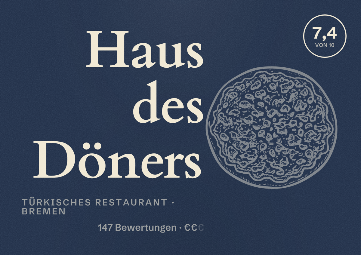 Illustriertes Poster von Haus des Döners, Türkisches Restaurant in Bremen: Bewertung 7,4 von 10 aus 147 Bewertungen, Preisniveau €€