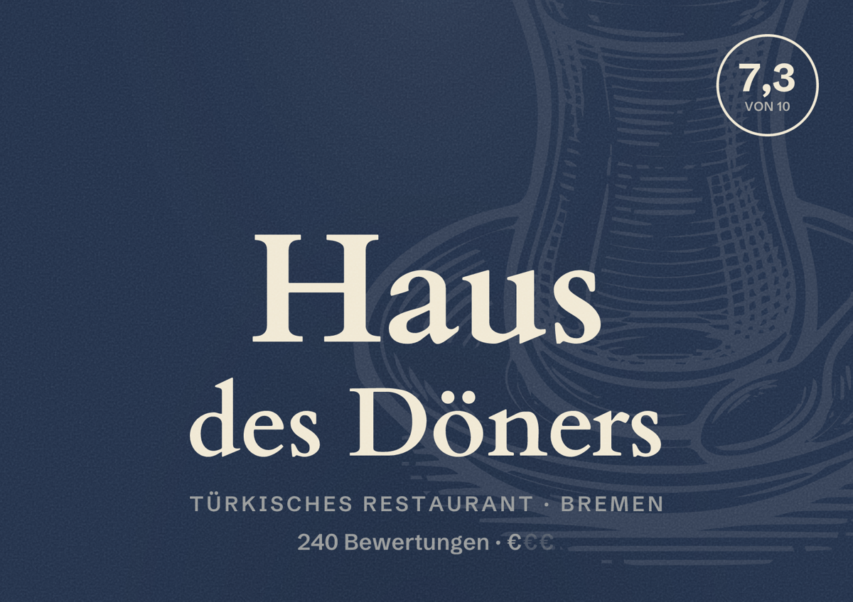 Illustriertes Poster von Haus des Döners, Türkisches Restaurant in Bremen: Bewertung 7,3 von 10 aus 240 Bewertungen, Preisniveau €