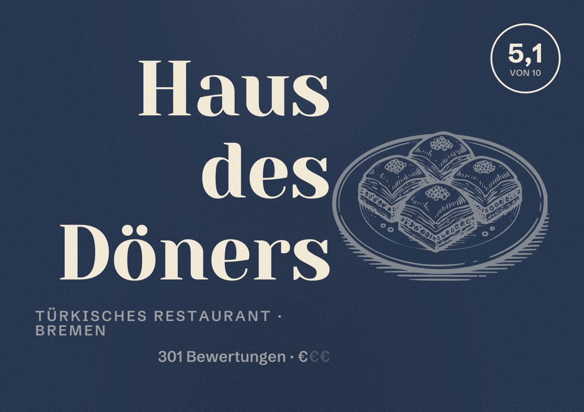 Illustriertes Poster von Haus des Döners, Türkisches Restaurant in Bremen: Bewertung 5,1 von 10 aus 301 Bewertungen, Preisniveau €