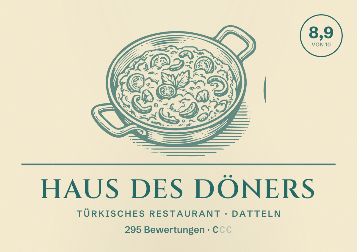 Illustriertes Poster von Haus des Döners, Türkisches Restaurant in Datteln: Bewertung 8,9 von 10 aus 295 Bewertungen, Preisniveau €