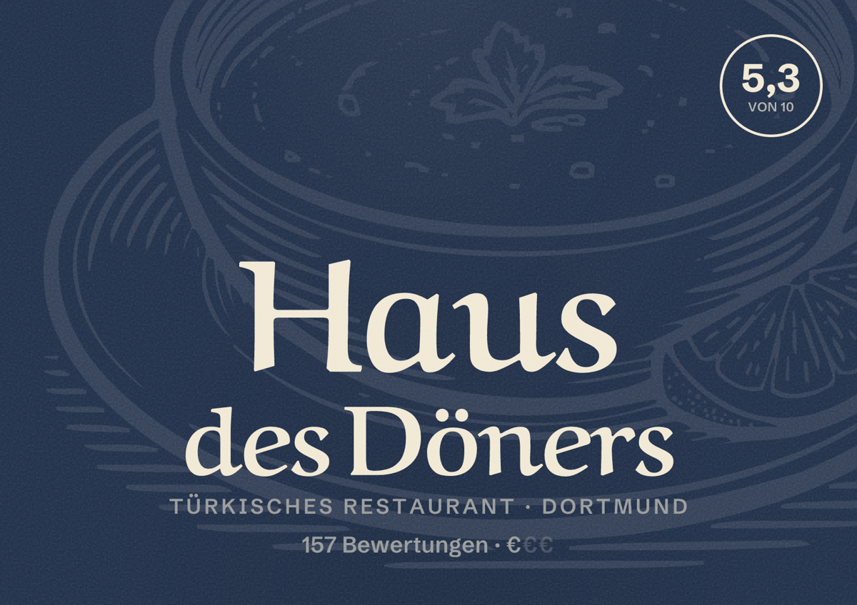 Illustriertes Poster von Haus des Döners, Türkisches Restaurant in Dortmund: Bewertung 5,3 von 10 aus 157 Bewertungen, Preisniveau €