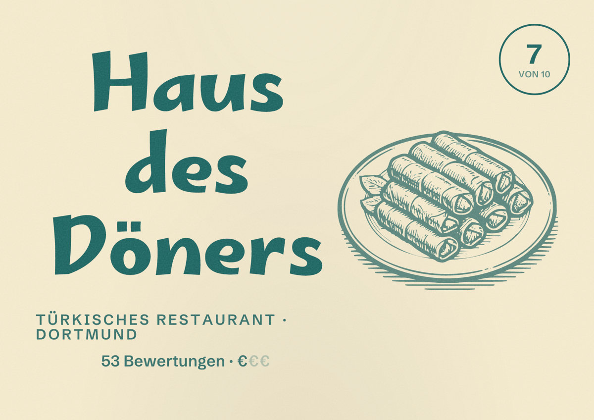 Illustriertes Poster von Haus des Döners, Türkisches Restaurant in Dortmund: Bewertung 7 von 10 aus 53 Bewertungen, Preisniveau €