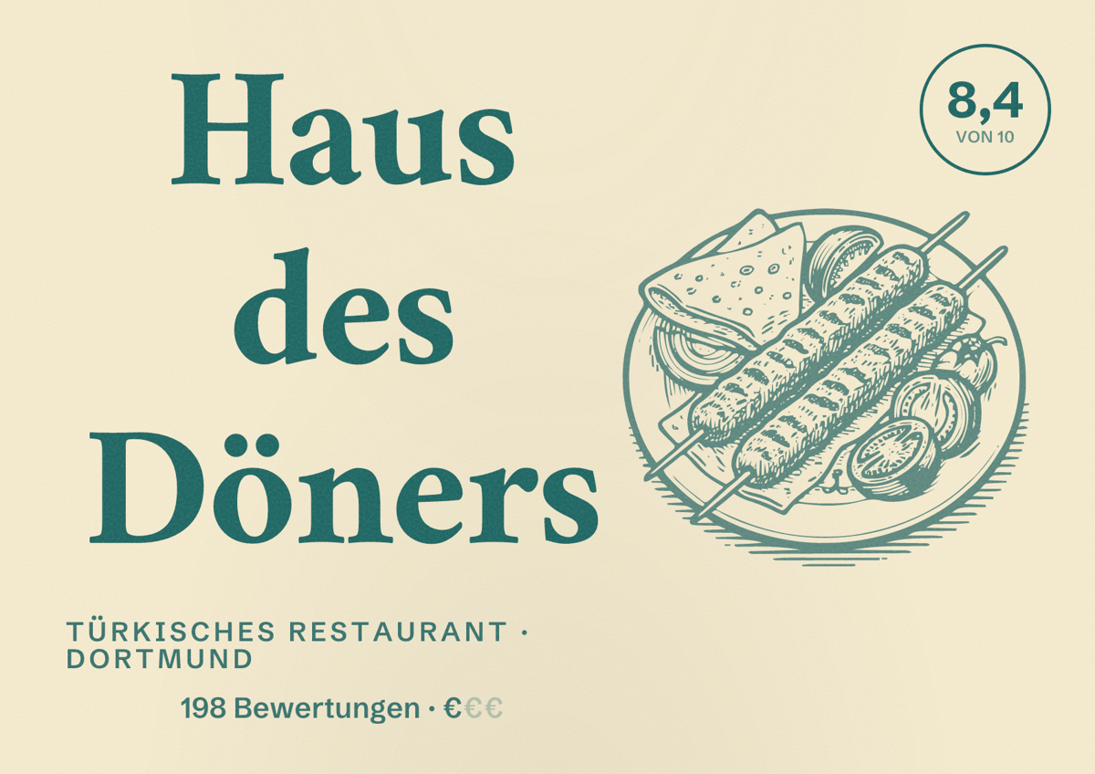 Illustriertes Poster von Haus des Döners, Türkisches Restaurant in Dortmund: Gästebewertung 8,4 von 10 aus 198 Bewertungen