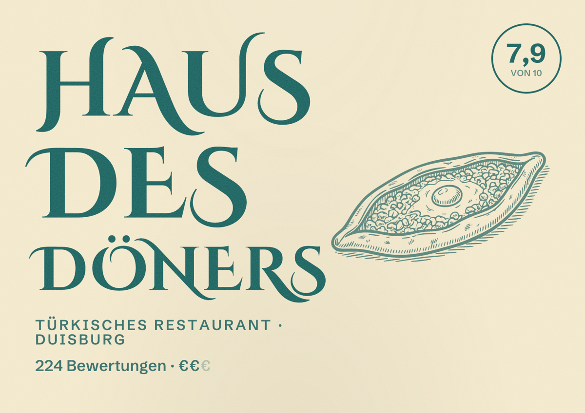Illustriertes Poster von Haus des Döners, Türkisches Restaurant in Duisburg: Bewertung 7,9 von 10 aus 224 Bewertungen, Preisniveau €€
