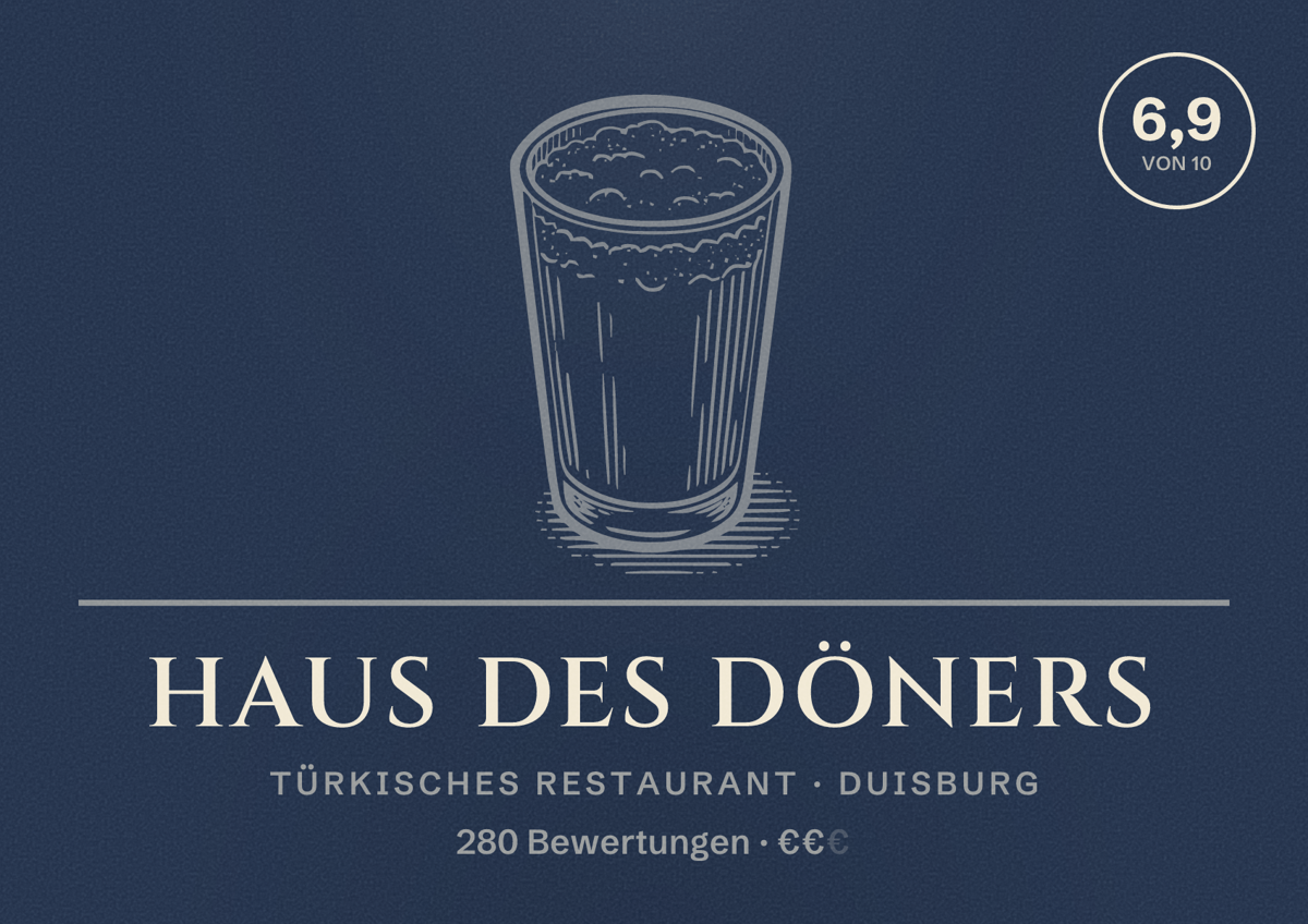 Illustriertes Poster von Haus des Döners, Türkisches Restaurant in Duisburg: Bewertung 6,9 von 10 aus 280 Bewertungen, Preisniveau €€