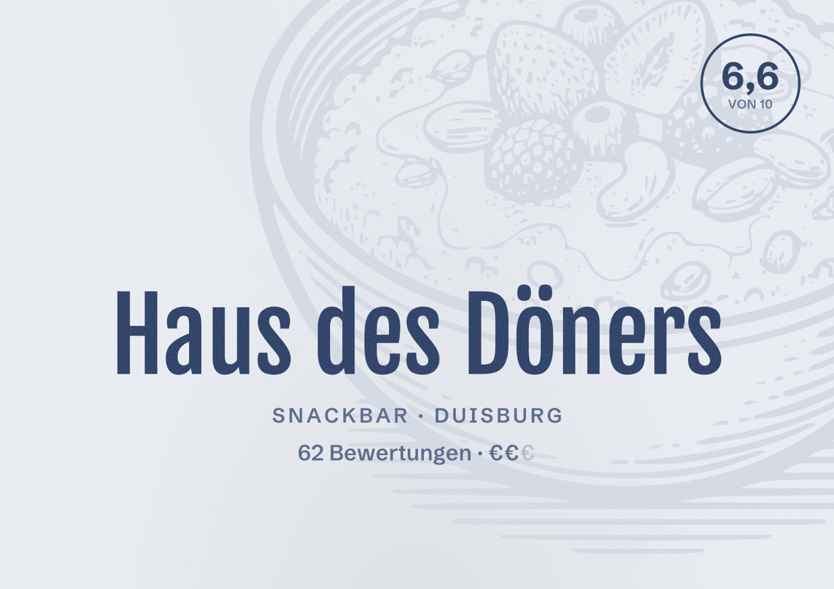 Illustriertes Poster von Haus des Döners, Snackbar in Duisburg: Bewertung 6,6 von 10 aus 62 Bewertungen, Preisniveau €€