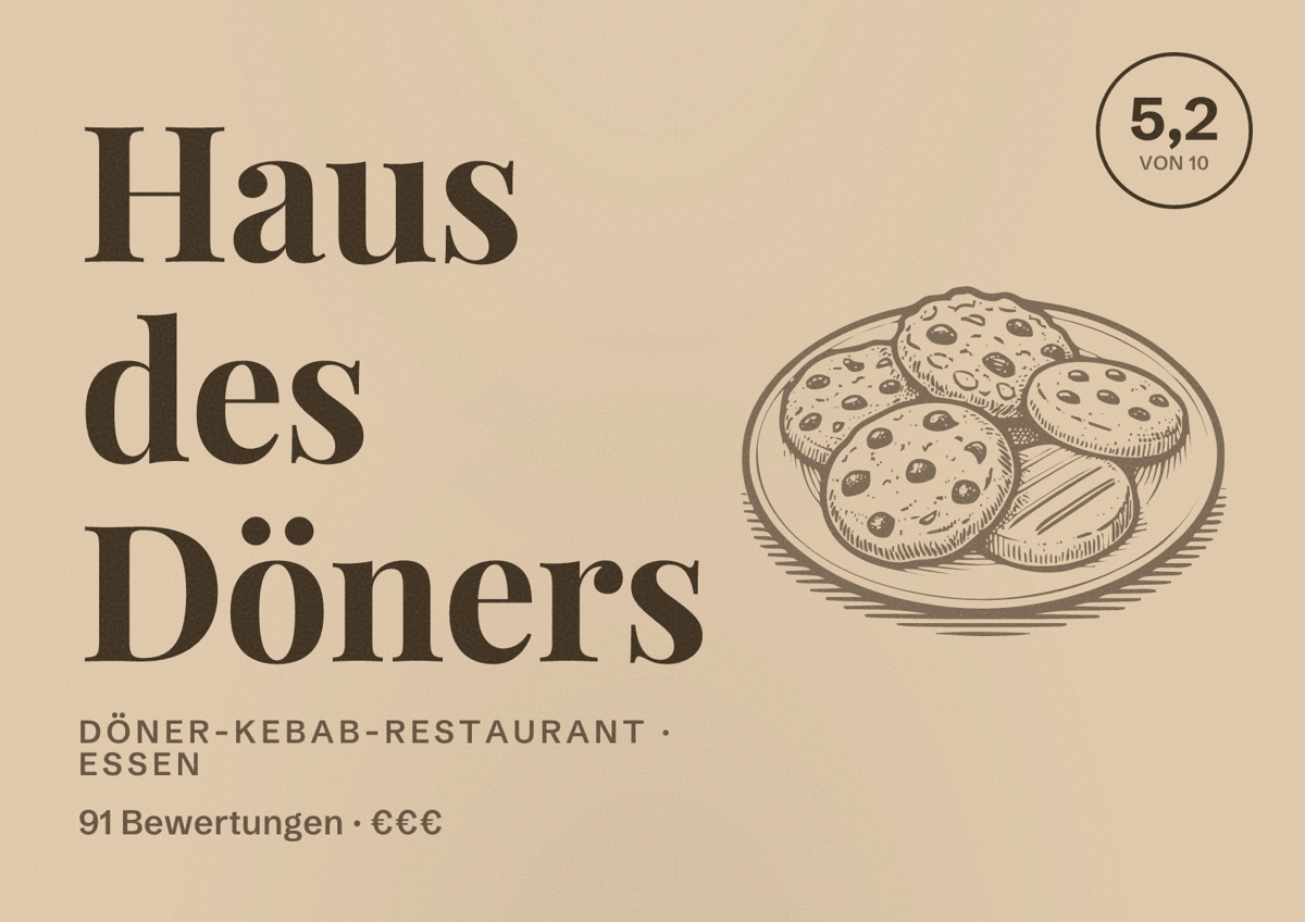 Illustriertes Poster von Haus des Döners, Döner-Kebab-Restaurant in Essen: Bewertung 5,2 von 10 aus 91 Bewertungen, Preisniveau €€€