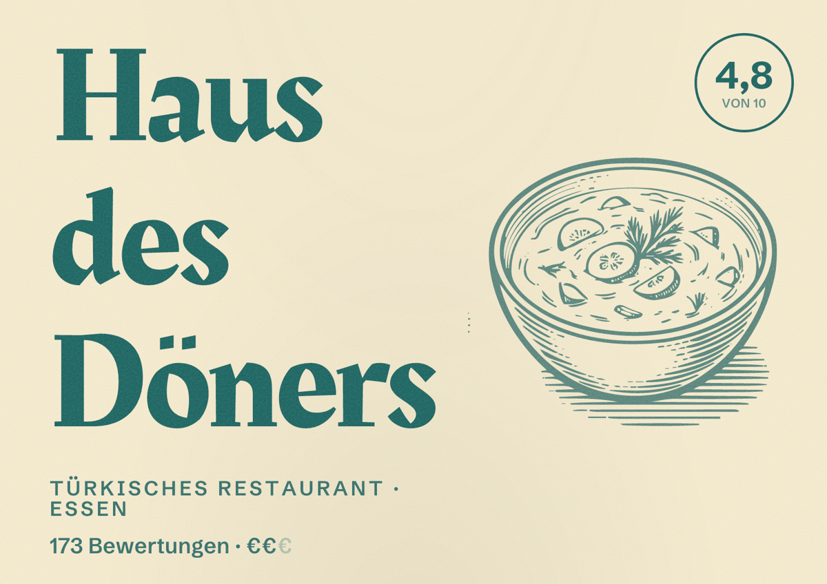Illustriertes Poster von Haus des Döners, Türkisches Restaurant in Essen: Bewertung 4,8 von 10 aus 173 Bewertungen, Preisniveau €€