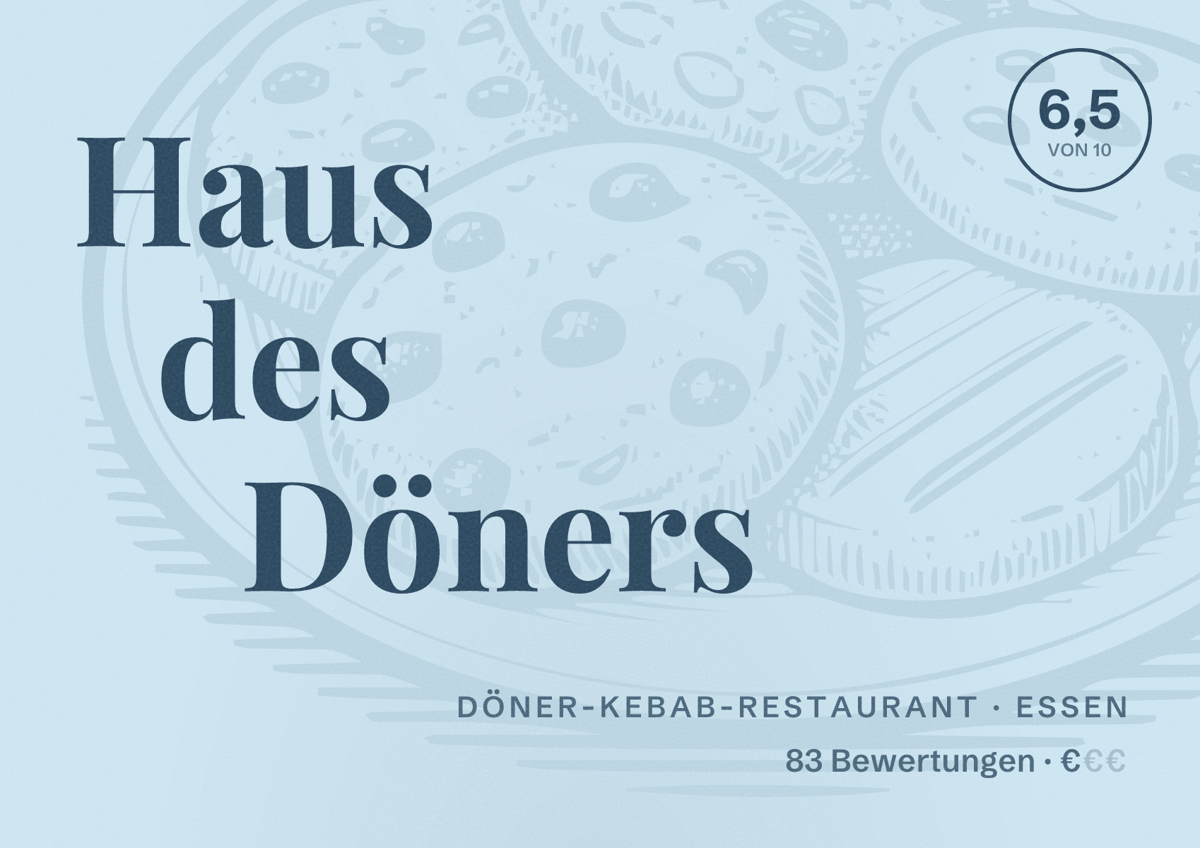 Illustriertes Poster von Haus des Döners, Döner-Kebab-Restaurant in Essen: Bewertung 6,5 von 10 aus 83 Bewertungen, Preisniveau €
