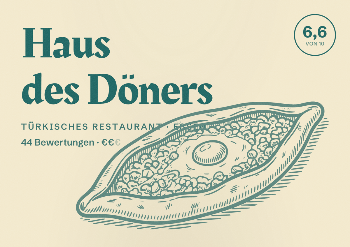 Illustriertes Poster von Haus des Döners, Türkisches Restaurant in Essen: Bewertung 6,6 von 10 aus 44 Bewertungen, Preisniveau €€