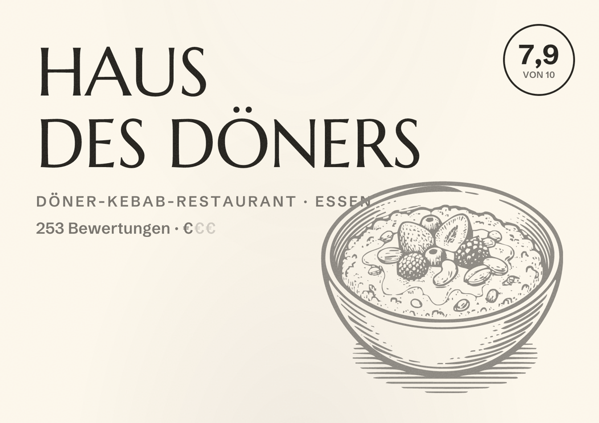 Illustriertes Poster von HAUS DES DÖNERS, Döner-Kebab-Restaurant in Essen: Bewertung 7,9 von 10 aus 253 Bewertungen, Preisniveau €