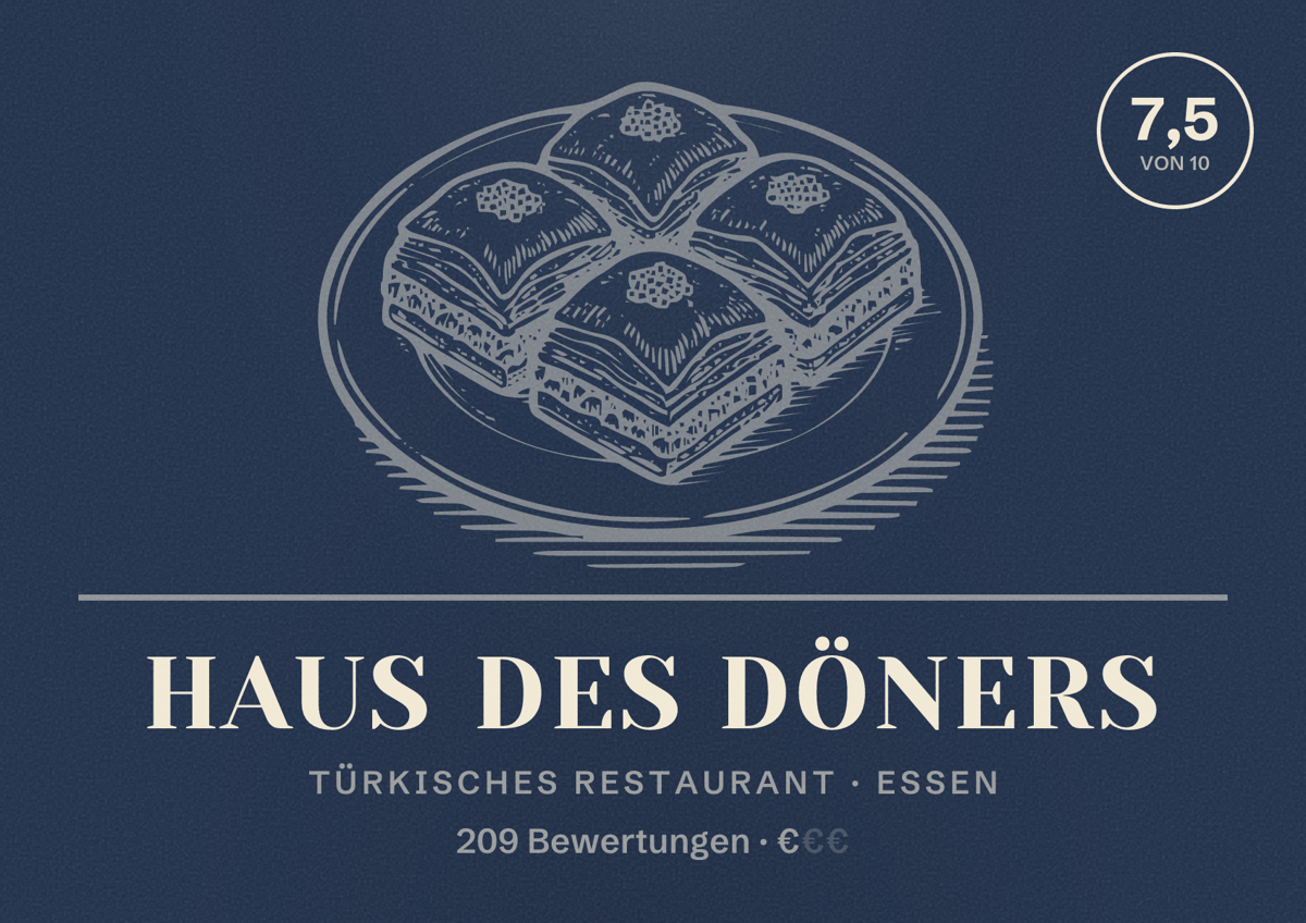 Illustriertes Poster von HAUS DES DÖNERS, Türkisches Restaurant in Essen: Bewertung 7,5 von 10 aus 209 Bewertungen, Preisniveau €