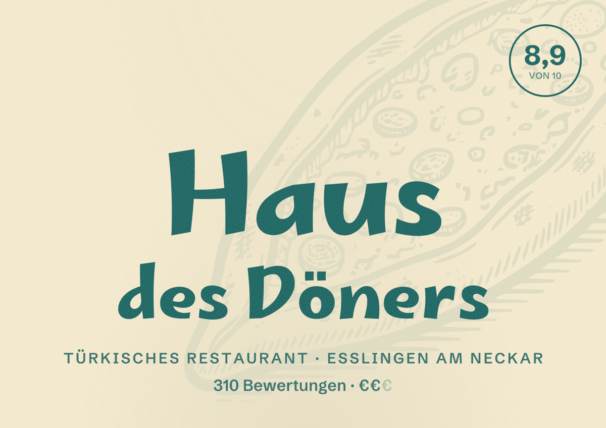 Illustriertes Poster von Haus des Döners, Türkisches Restaurant in Esslingen am Neckar: Bewertung 8,9 von 10 aus 310 Bewertungen, Preisniveau €€
