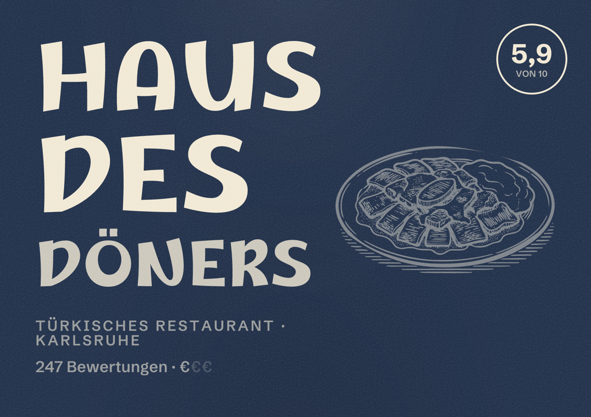 Illustriertes Poster von Haus des Döners, Türkisches Restaurant in Karlsruhe: Bewertung 5,9 von 10 aus 247 Bewertungen, Preisniveau €