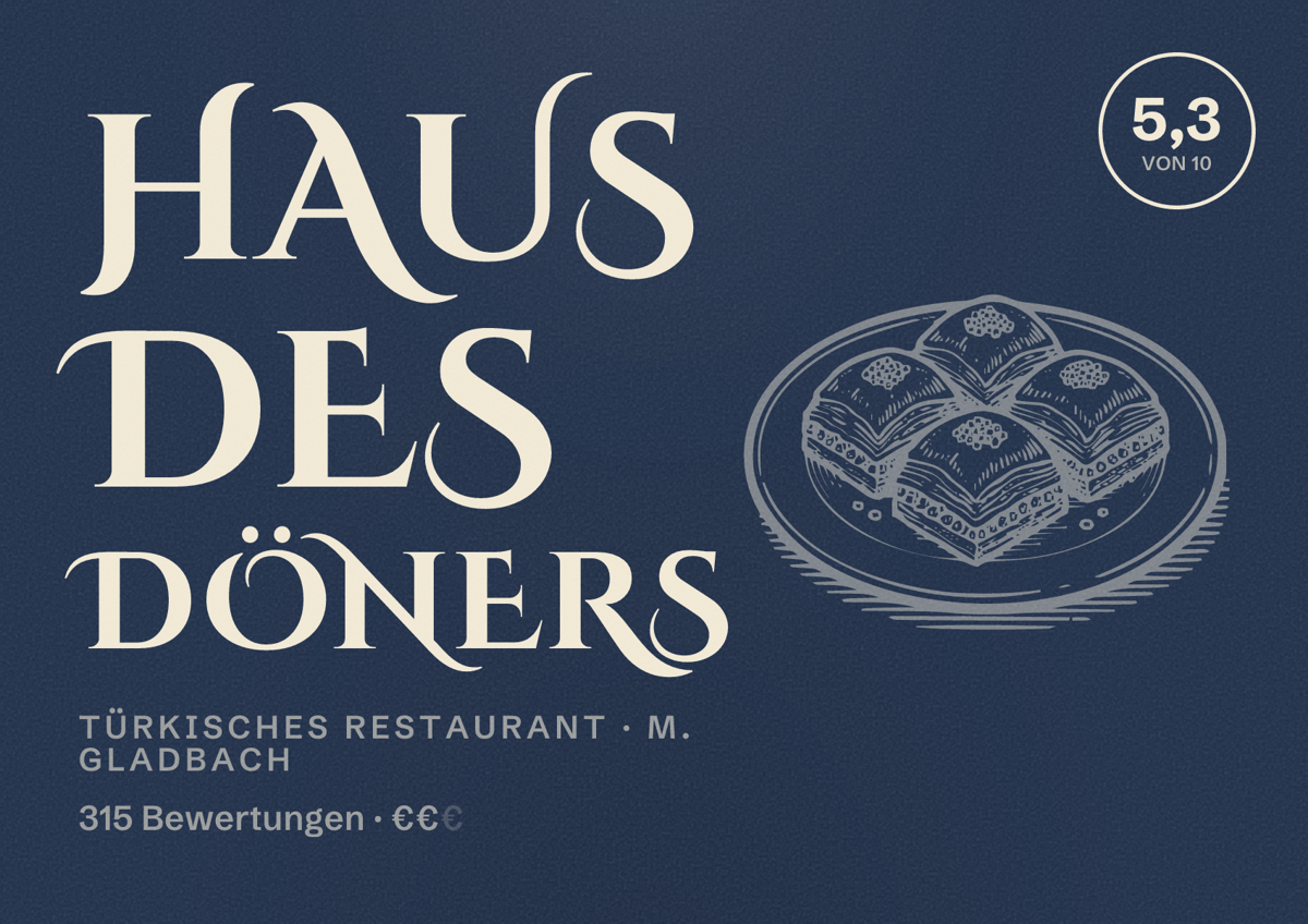 Illustriertes Poster von Haus des Döners, Türkisches Restaurant in M. Gladbach: Bewertung 5,3 von 10 aus 315 Bewertungen, Preisniveau €€