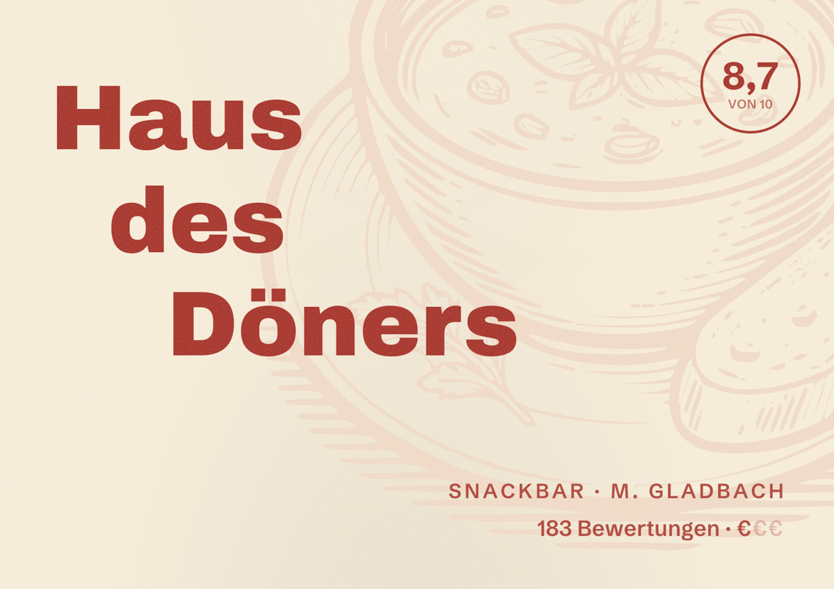 Illustriertes Poster von Haus des Döners, Snackbar in M. Gladbach: Bewertung 8,7 von 10 aus 183 Bewertungen, Preisniveau €