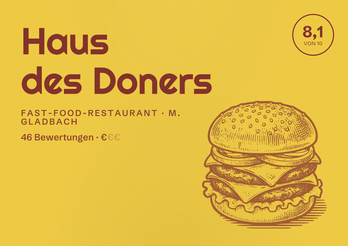 Illustriertes Poster von Haus des Doners, Fast-Food-Restaurant in M. Gladbach: Bewertung 8,1 von 10 aus 46 Bewertungen, Preisniveau €