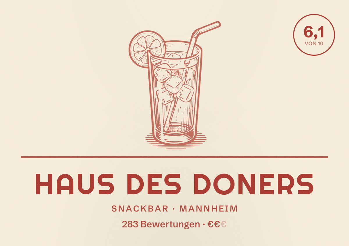 Illustriertes Poster von Haus des Doners, Snackbar in Mannheim: Bewertung 6,1 von 10 aus 283 Bewertungen, Preisniveau €€