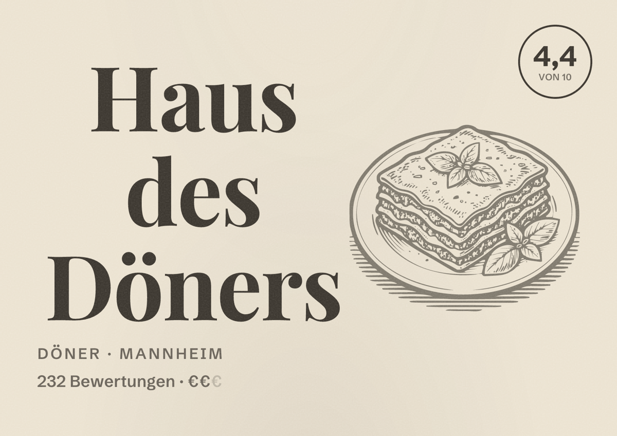 Illustriertes Poster von Haus des Döners, Döner in Mannheim: Bewertung 4,4 von 10 aus 232 Bewertungen, Preisniveau €€