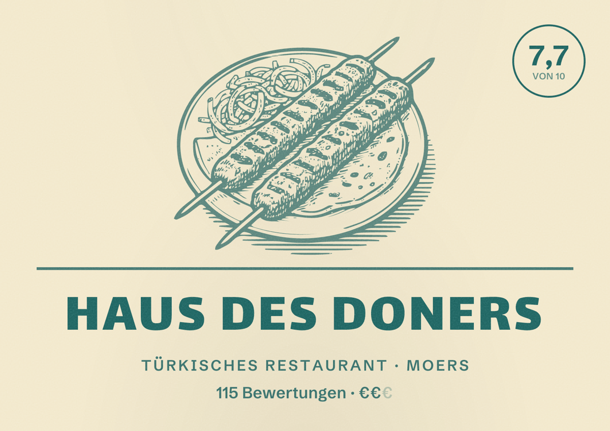 Illustriertes Poster von Haus des Doners, Türkisches Restaurant in Moers: Bewertung 7,7 von 10 aus 115 Bewertungen, Preisniveau €€