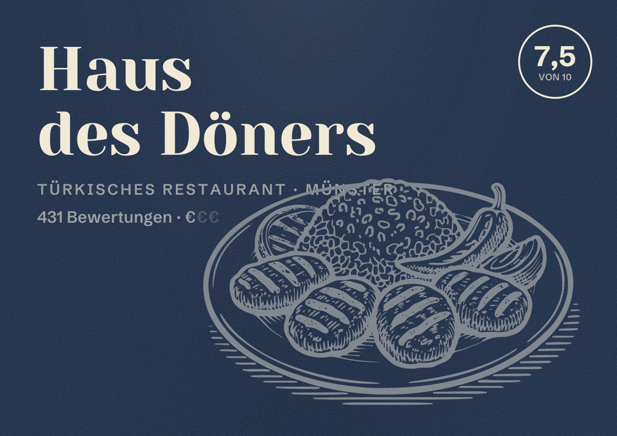 Illustriertes Poster von Haus des Döners, Türkisches Restaurant in Münster: Bewertung 7,5 von 10 aus 431 Bewertungen, Preisniveau €